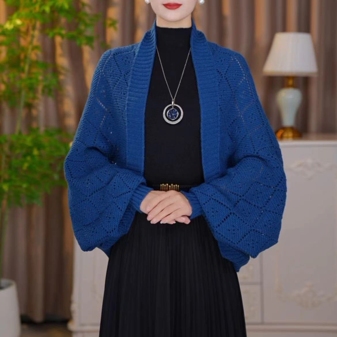 Cardigan-châle Tricoté Élégant à Motifs Ajourés pour Femmes