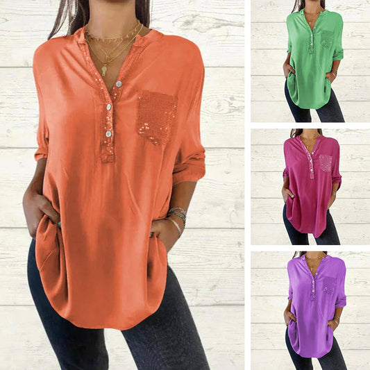 🔥Nouveauté - 49% de réduction🔥Chemise femme avec imprimé sequins et décolleté en V