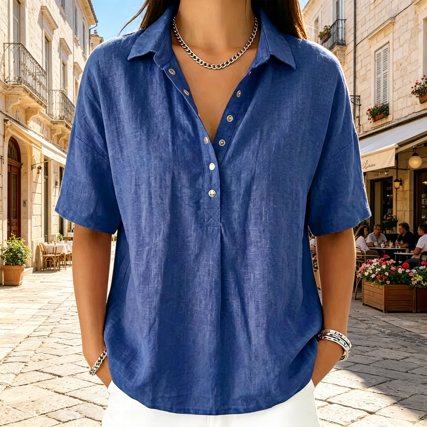 Chemise en lin à manches courtes pour femme