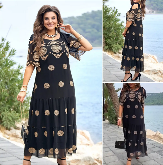 🔥53% de réduction🥰 Robe d'été creuse à manches courtes, jupe longue ample imprimée