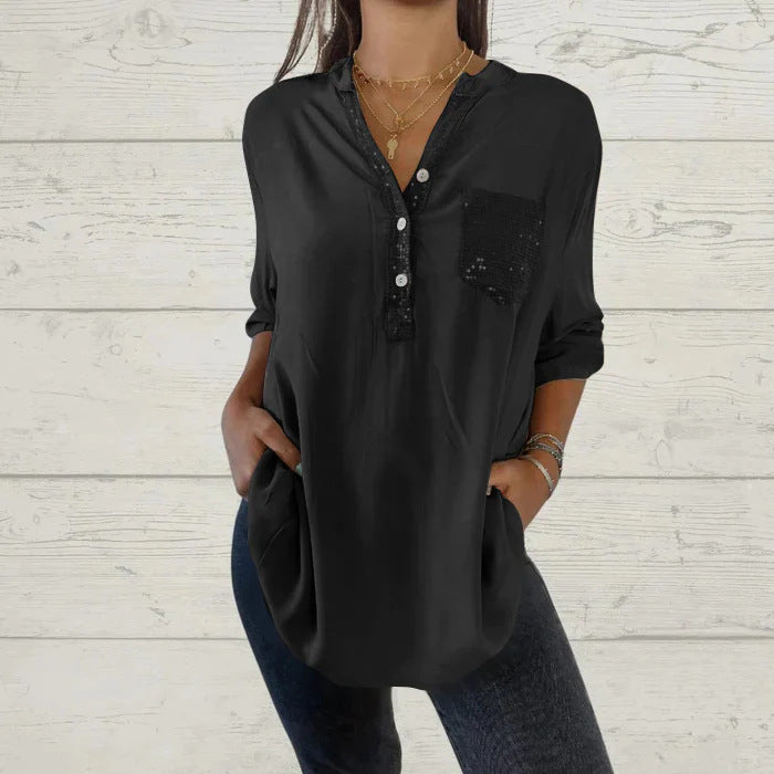 🔥Nouveauté - 49% de réduction🔥Chemise femme avec imprimé sequins et décolleté en V