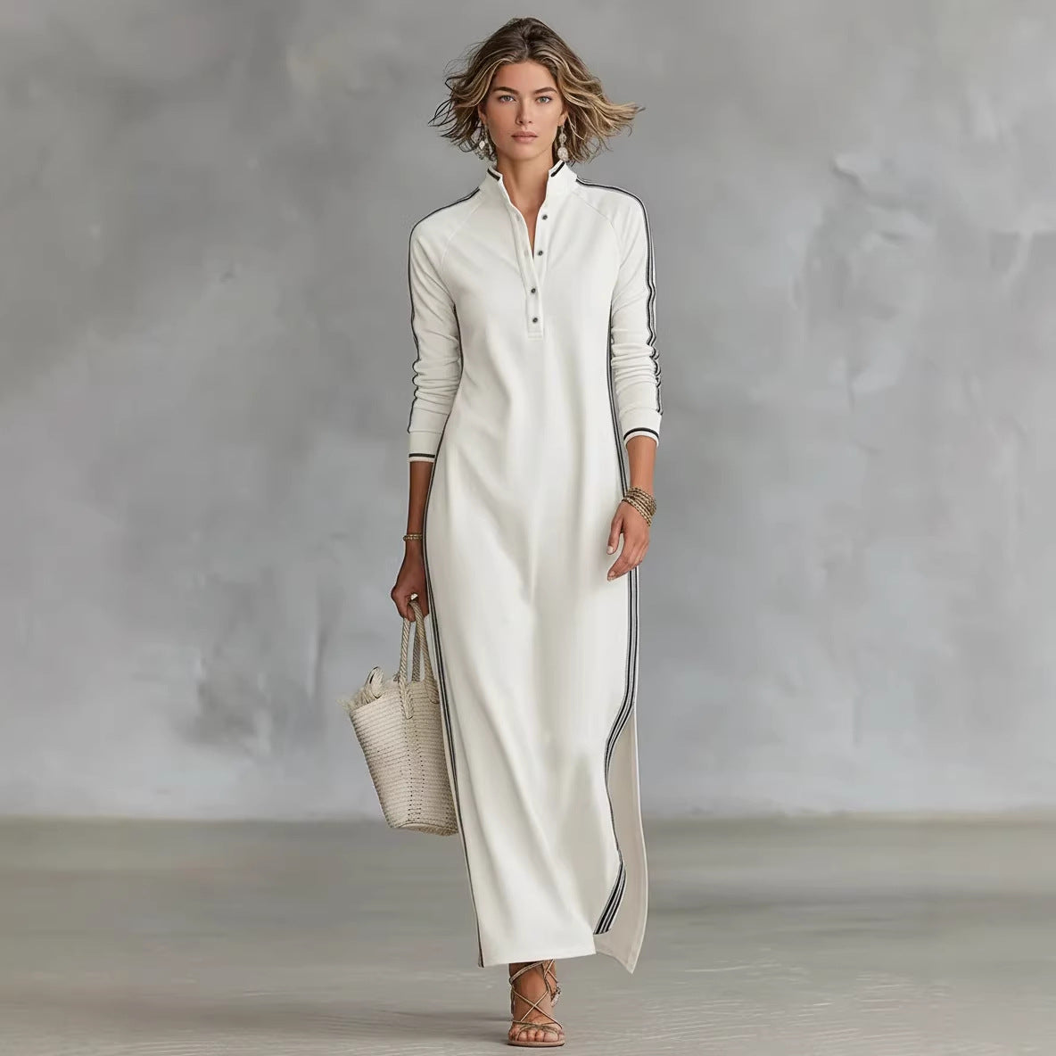 Robe minimaliste à col boutonné et bordure contrastée🔥Achetez 2 livraison gratuite🔥