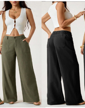 Pantalon large pour femme, avec poches et taille haute