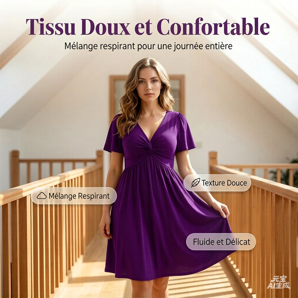 👗PROMO LIMITÉE 50%✨Robe Femme en V à Devant Bouclé – Tissu Fluide Doux, Poches Latérales, Coupe Large, 4 Couleurs, Taille XL-5XL, Parfaite pour Toutes Occasions🌺