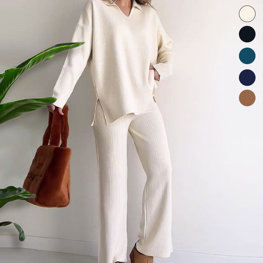 ✨Costume en tricot extensible confortable à col en V pour femme (haut + pantalon)