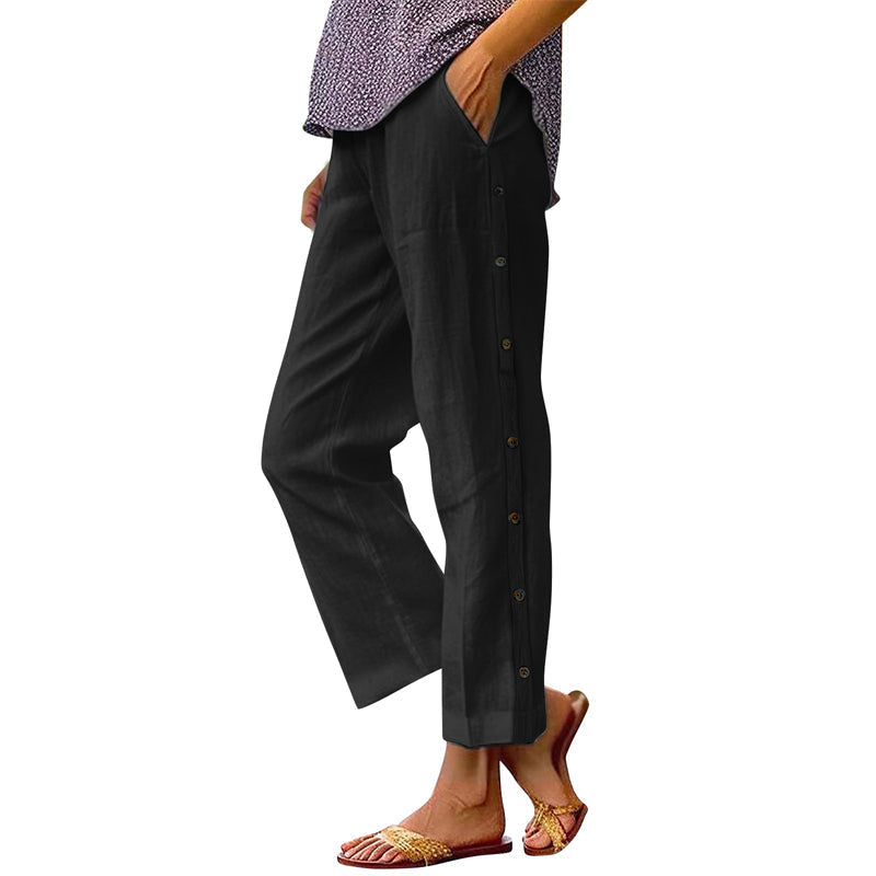 Pantalon 7/8 décontracté de couleur unie avec boutons latéraux et coupe ample