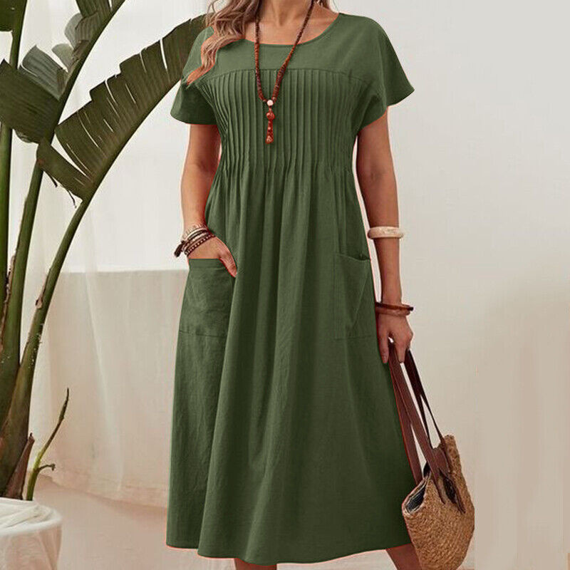 đ -60% SUR LA ROBE PLISSĂE ĂTĂ ! đ Manches Courtes, Poches Pratiques & Tissu Lin-Coton Ultra-LĂ©ger
