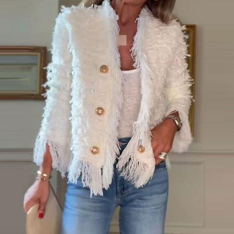 🩷Manteau court à boutons et pompons pour femme🧥
