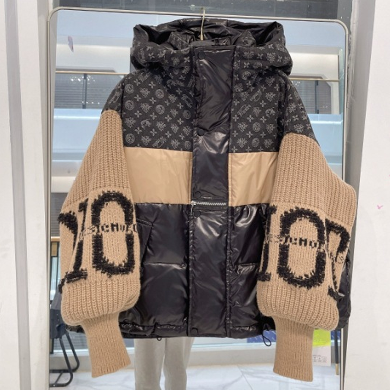 Blouson bouffant à capuche à manches en tricot patchwork pour femme