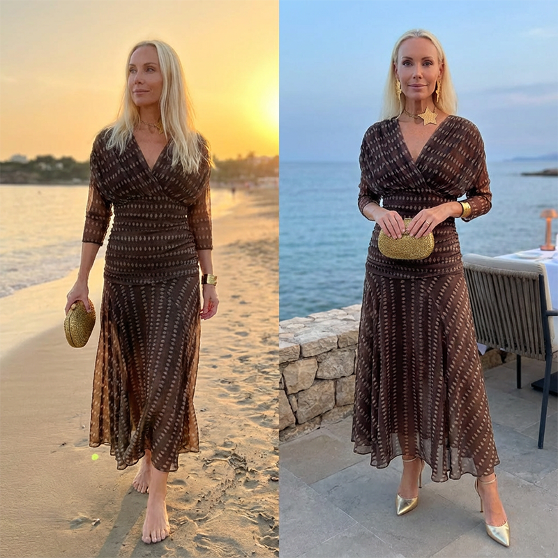 ⏳Spécial à durée limitée⏰Robe longue bohème à col en V et ruchés en maille👗