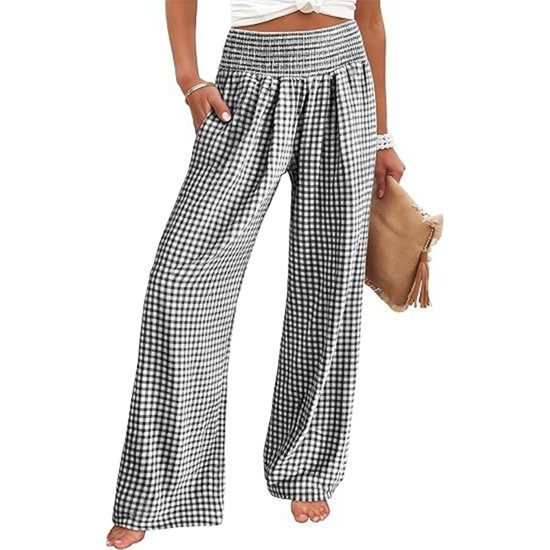 Pantalon large à taille haute en vichy pour femme
