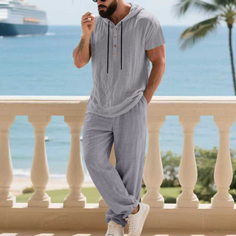 Ensemble deux pièces en lin pour homme : chemise Henley à capuche et pantalon