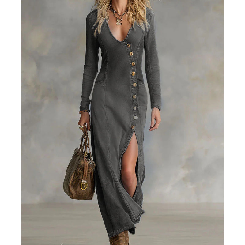 Robe longue à manches longues et col en V pour femme