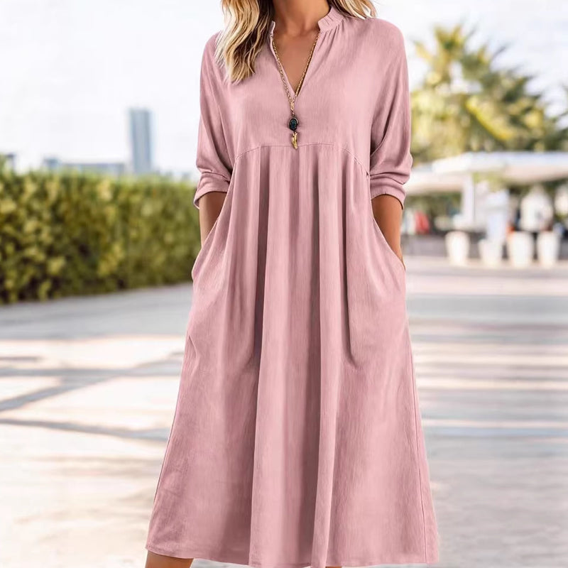 💎 60% DE RÉDUCTION ! 💎 Robe Midi Casual Femme Col V – Poches Pratiques, Tissu Respirant & Coupe Empire Flattante 🌸✨