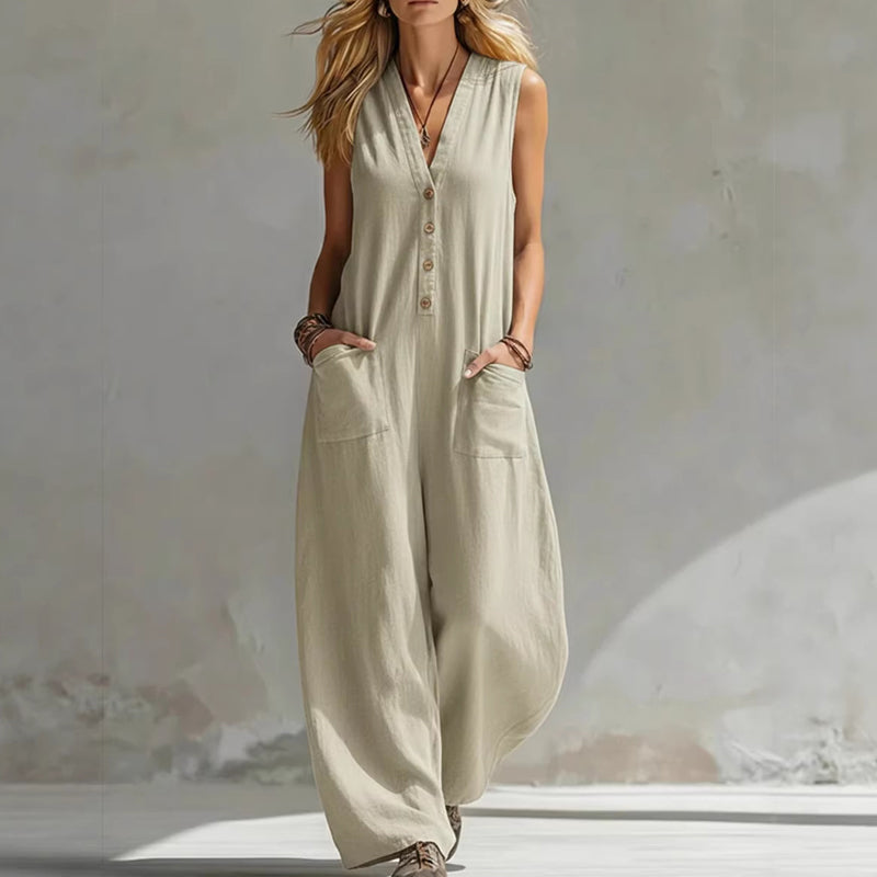 Combinaison femme sans manches à col en V et jambes larges