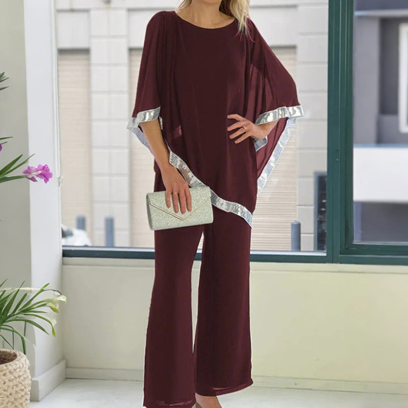 ⏳Spécial à durée limitée⏰Elegant Sequin Trim Poncho Top & Wide-Leg Pants Set👚👖