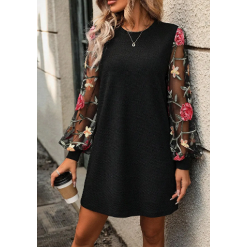 Robe à manches en maille brodée de fleurs pour femme