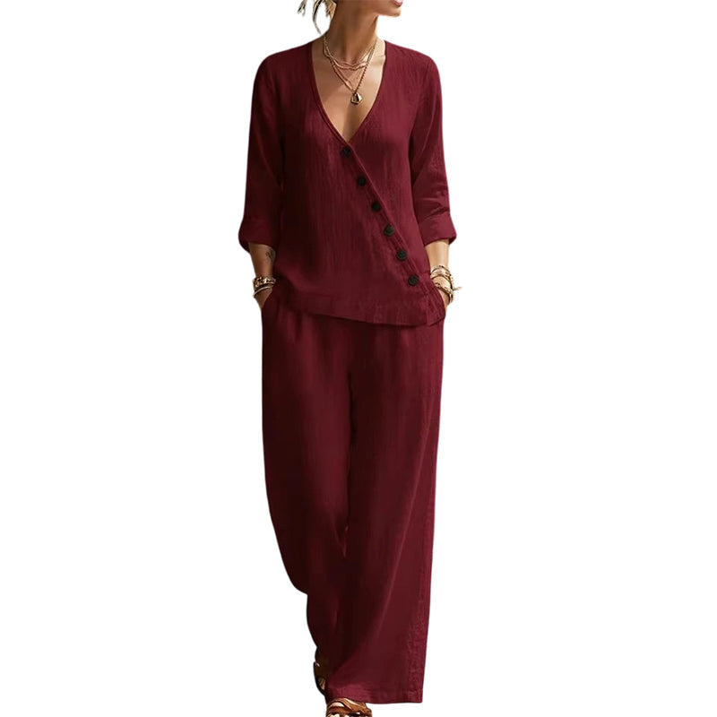 Ensemble deux pièces en lin pour femme, col en V et boutons asymétriques