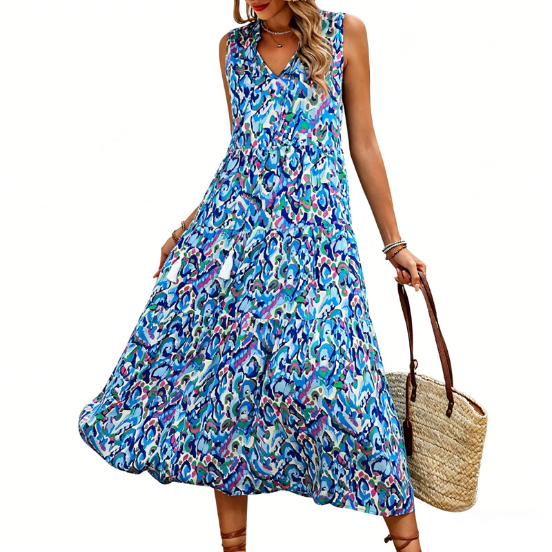 👗🌸☀️ PROMO -50% EN CE MOMENT ! Robe Midi à Volants sans Manches – Imprimé Abstrait, Coupe Fluide (7 Couleurs, S-XL)