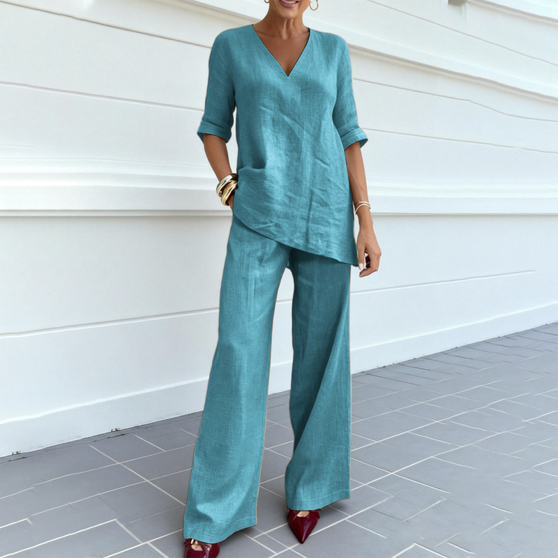 Ensemble haut et pantalon en lin mélangé respirant à col en V