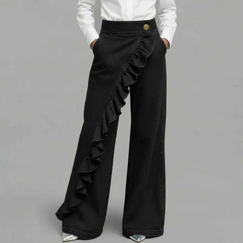 🎉 Fête à moitié prix !👖Pantalon en jean à jambes larges et volants asymétriques pour femme – Élégant, respirant et une pièce unique qui ne passe pas inaperçue 💥
