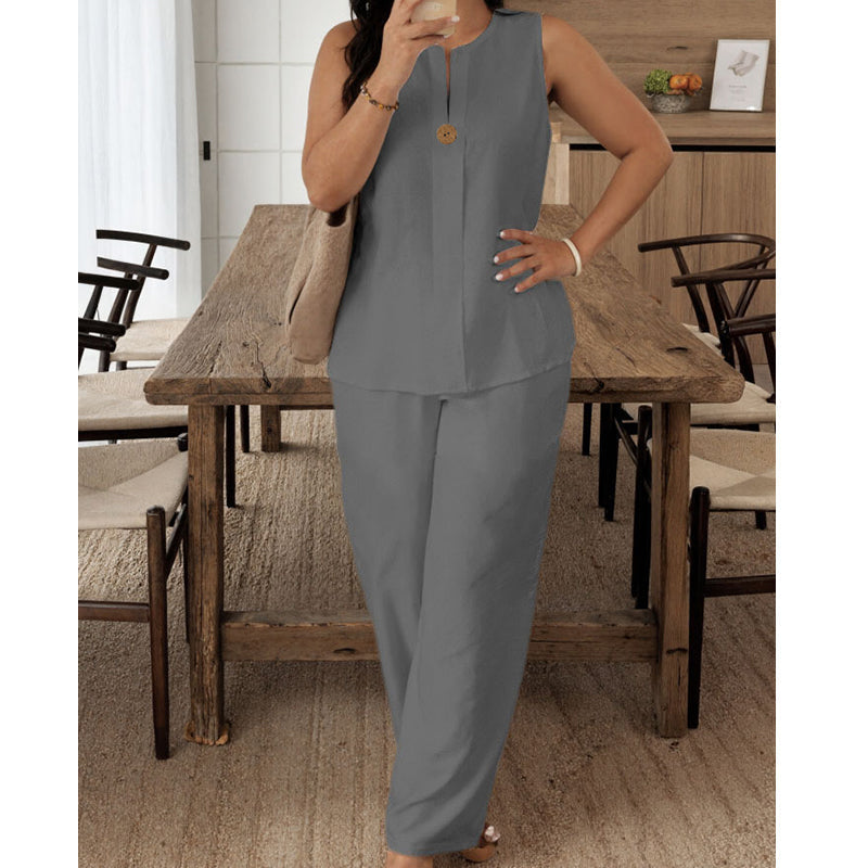 Ensemble Décontracté en Lin Mélangé - Top Sans Manches et Pantalon Large