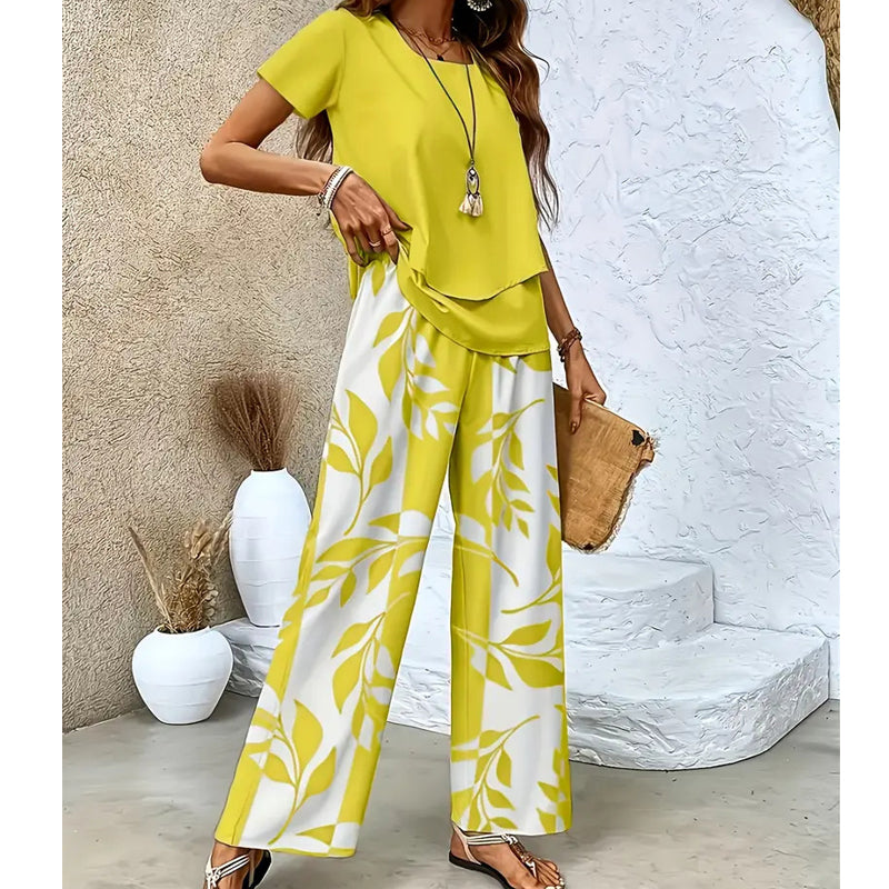 Ensemble Femme Deux Pièces Pantalon Large à Imprimé Feuillage