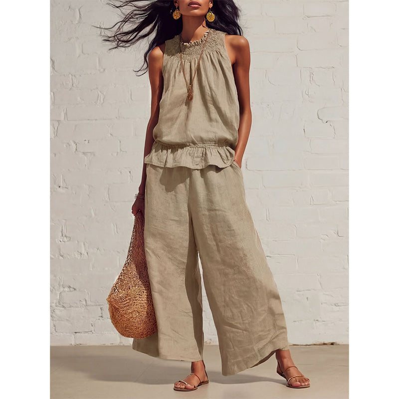 đ„Offre spĂ©ciale NouveautĂ©s 2026 - Ensemble femme composĂ© d'un haut sans manches Ă encolure smockĂ©e et d'un pantalon