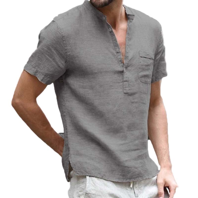 Chemise Henley Homme à Manches Courtes en Mélange de Lin