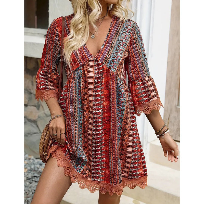 Robe Courte Bohème à Imprimé et Col V pour Femme