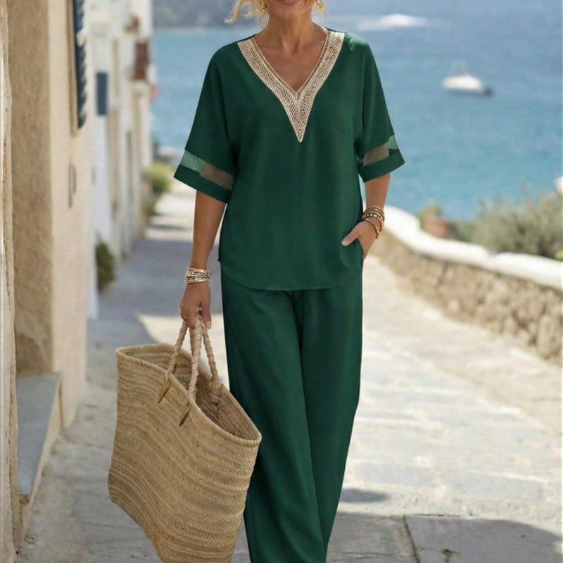 Ensemble élégant pour femme : top col en V et pantalon large