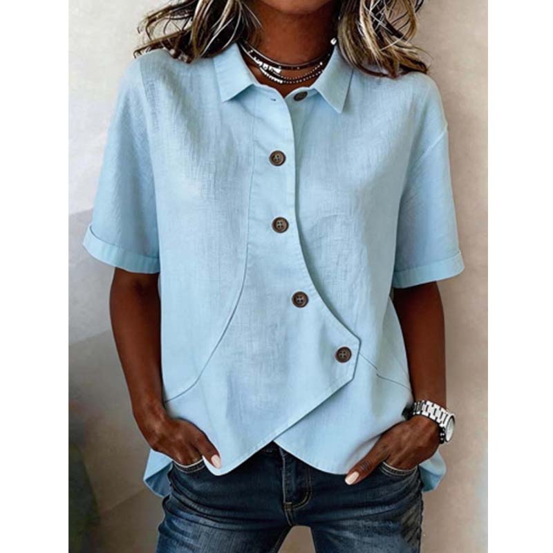 Chemisier Femme Asymétrique Boutonné à Manches Courtes