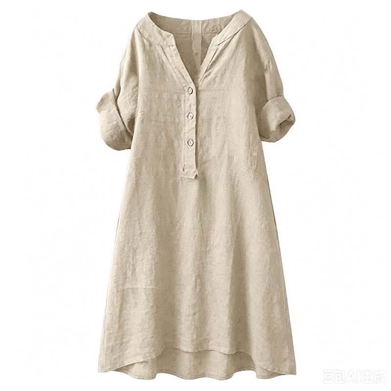 Robe Tunique Femme Décontractée à Col V et Boutons