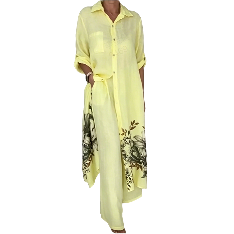 Ensemble 2 Pièces - Chemise Boutonnée à Imprimé Fleuri Artistique et Pantalon Assorti