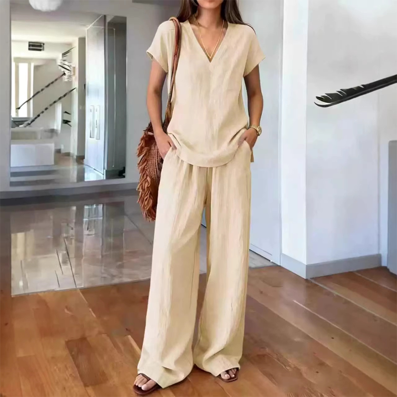 Ensemble 2 pièces décontracté pour femme – col en V, couleur unie