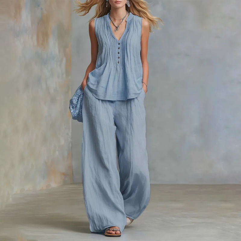 Ensemble élégant composé d'un haut sans manches ample et d'un pantalon