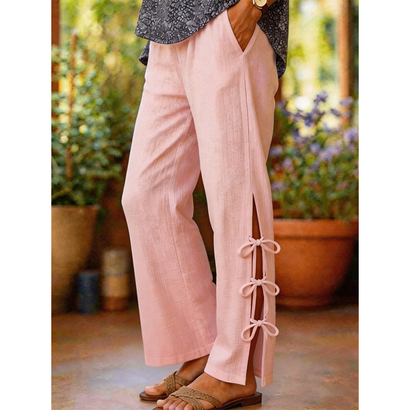 Pantalon décontracté uni avec nœud décoratif