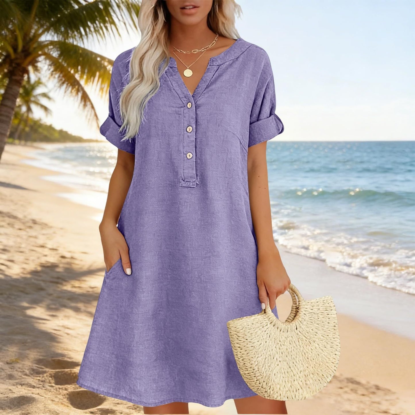 Robe Tunique Femme Décontractée à Col V avec Poches