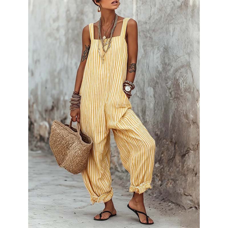 👗🌊 Offre à durée limitée : 50 % de réduction ! Combinaison pantalon rayée à fines bretelles pour femme ☀️