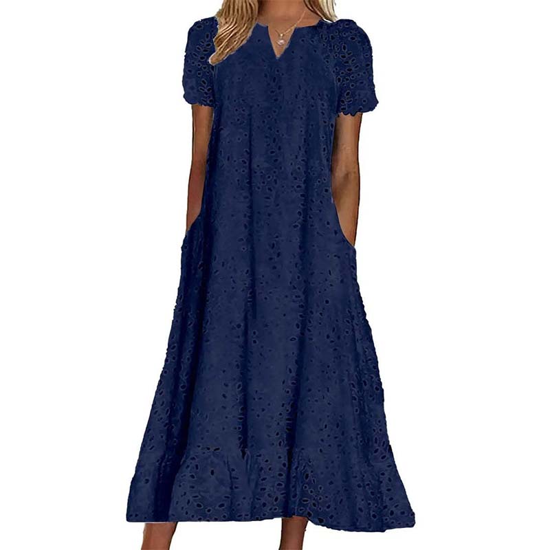 đđș PROMO FLASH 50% ! Robe Femme ĂlĂ©gante Ă Manches Courtes et Col en V â Tissu AjourĂ©, Poches LatĂ©rales, Coupe A, 5 Couleurs, Lavable Machine, Polyvalente pour Tous Occasions âš