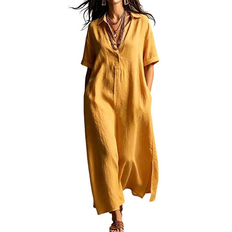 Robe élégante à col et manches courtes en coton et lin pour femme