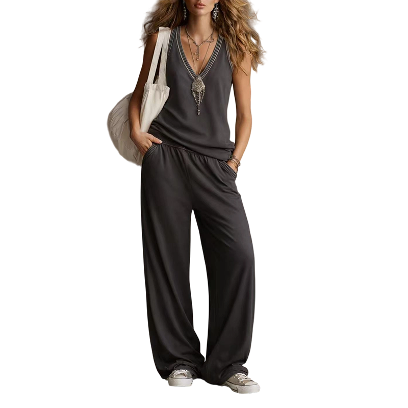 Ensemble Femme 2 Pièces : Top Col V Sans Manches et Pantalon Large