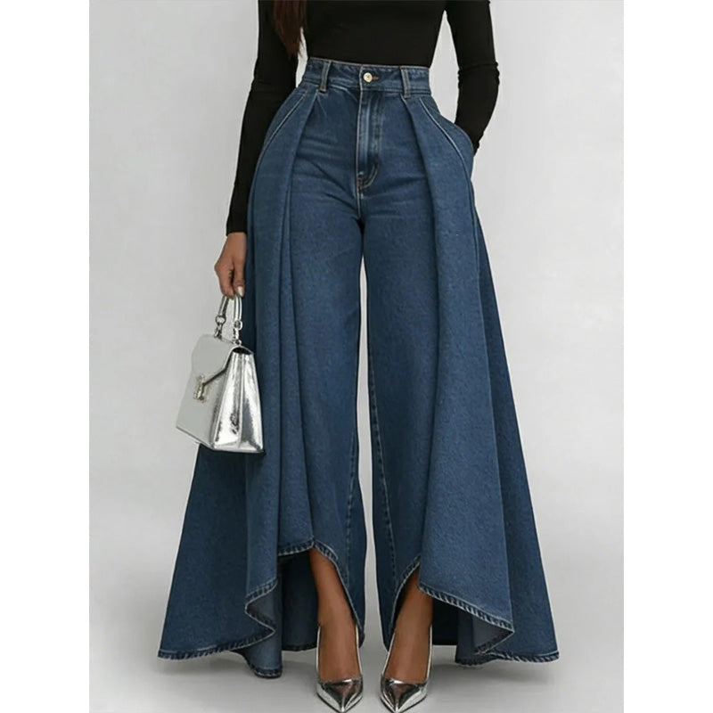 👖 Jean femme taille haute à jambes larges et ourlet asymétrique – look moderne, flatteur et facile à assortir