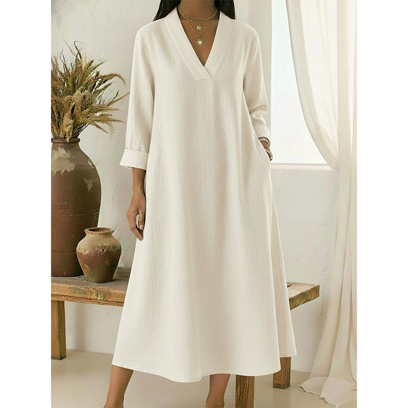 Robe trapèze col en V en coton et lin pour femme