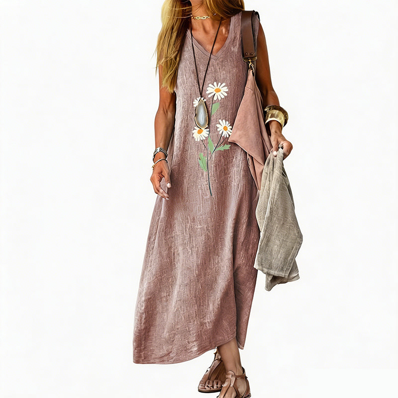 🌼🔥 PROMO -50% ! Robe Été Femme Sans Manches Imprimé Marguerite Vintage – Col V Élégant Féminité, Coton-Lin Respirant Doux Confort Maximal, Polyvalente Plage Garden-Party Ville · 5 Coloris · S à 4XL ✨