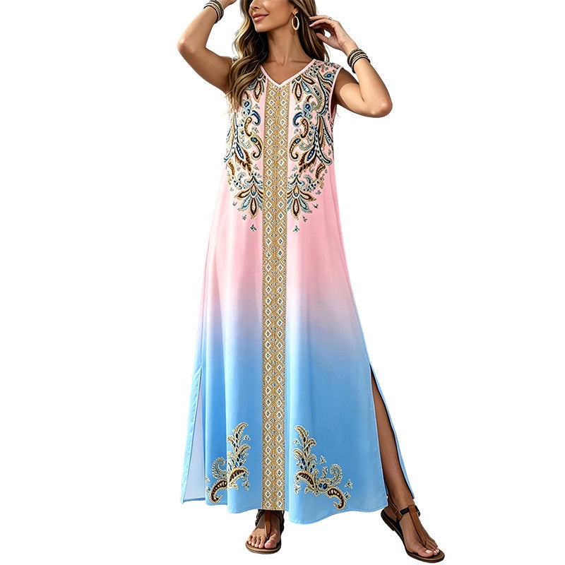🎐 Robe longue fluide à imprimé bohème ✨ À associer à un chapeau de soleil à large bord en osier et à des sandales de plage plates pour un look bohème décontracté, idéal pour les vacances ! ✨