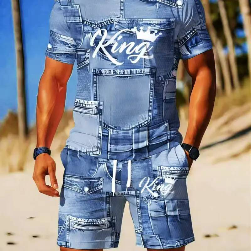 🎉 Soldes 2026 — Plus de 18 000 vendus ! 👕 Ensemble casual homme – T-shirt et short imprimé faux denim 🧢