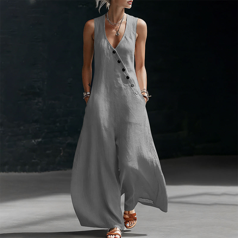 Combinaison sans manches à col en V et poches pour femme