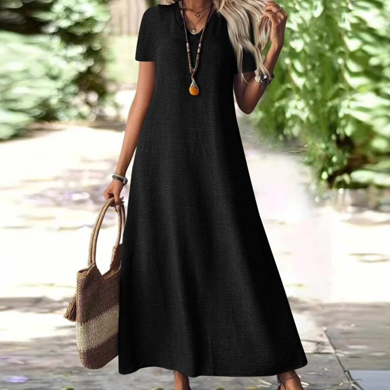 ⌛Offre à durée limitée – Robe longue à manches courtes et col en V pour femme