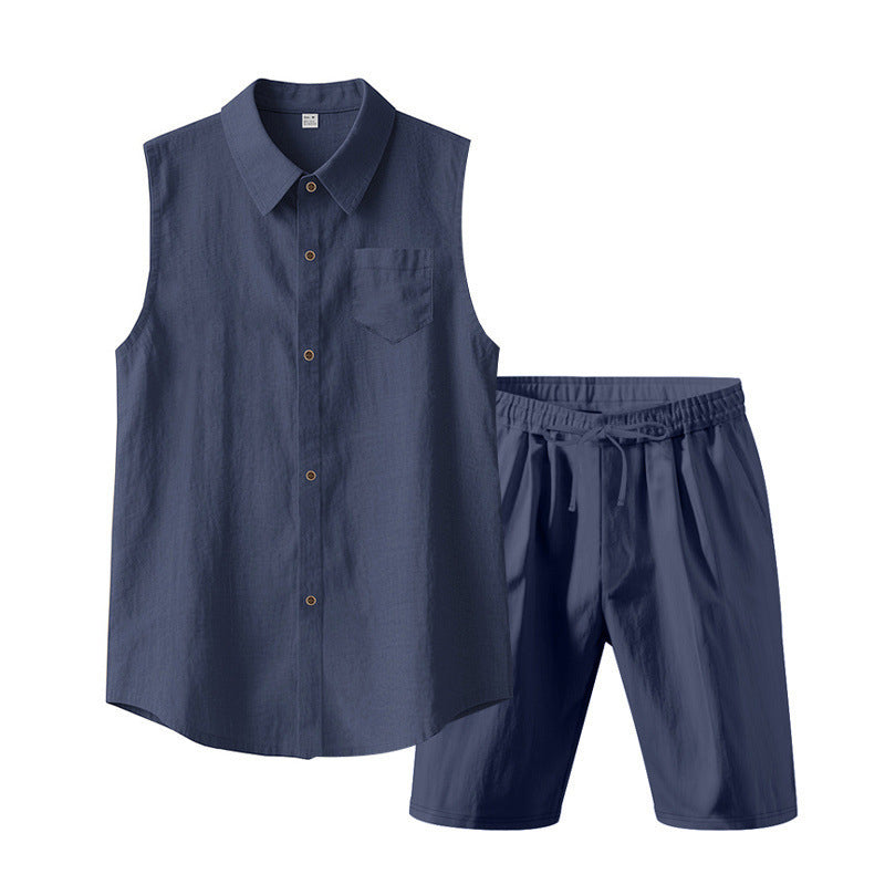 🔥-56% 👔 Ensemble 2 Pièces Homme Chemise Sans Manches Lin à Poches + Short Taille Élastique Cordon Ajustable